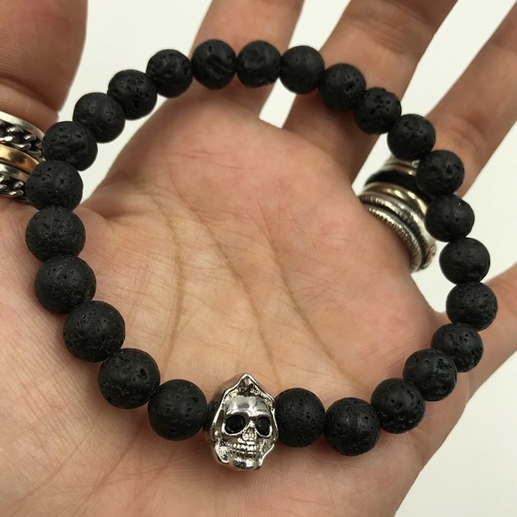 Genuine Lava rock gold plated cz skull bracelet - Picture 2 of 8